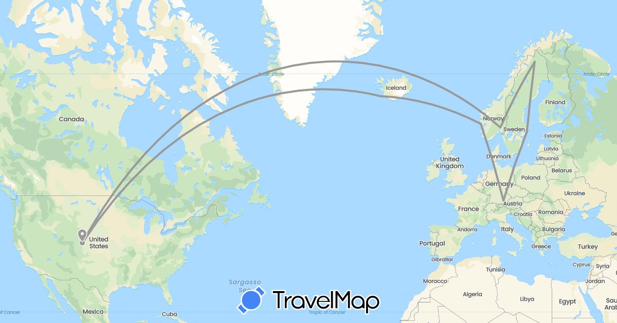 TravelMap itinerary: driving, plane in Germany, Iceland, Norway, Sweden, United States (Europe, North America)